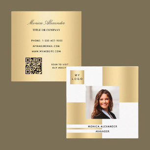 Cartão De Visita Quadrado Código QR da foto do logotipo branco dourado