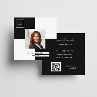Cartão De Visita Quadrado Código QR da foto do logotipo branco preto