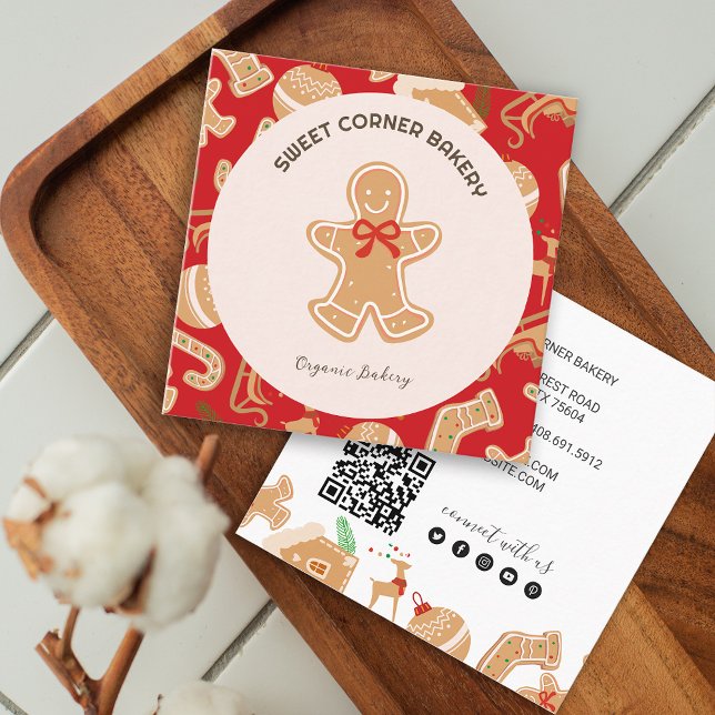 Cartão De Visita Quadrado Código QR da padaria de pão de Natal (Holiday Gingerbread Bakery QR Code Square Business Card)