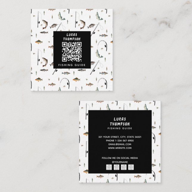 Cartão De Visita Quadrado Código QR das Cartas de Guia de Pesca Profissional (Frente/Verso)