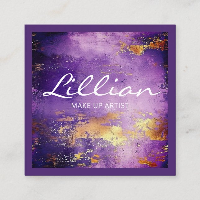 Cartão De Visita Quadrado Código QR de abstrato de luxo roxo e ouro (Frente)