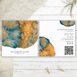 Cartão De Visita Quadrado Código QR de Aquarela Abstrata em Terracota Azul Ú