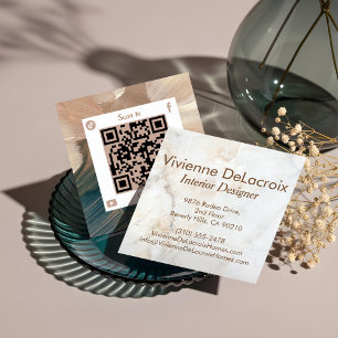 Cartão De Visita Quadrado Código QR de Aquarela em Mármore Branco de Luxo El