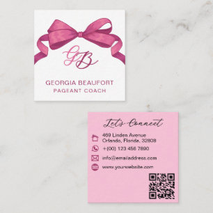 Cartão De Visita Quadrado Código QR de beleza com laço fúcsia e monograma Co