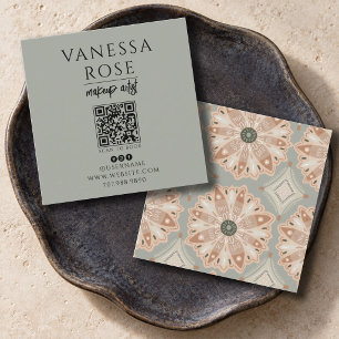 Cartão De Visita Quadrado Código QR de Beleza Floral Coral Verde Cinza