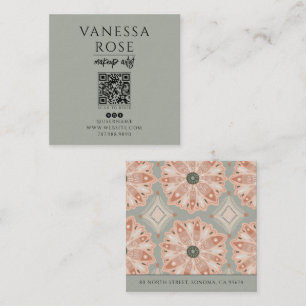Cartão De Visita Quadrado Código QR de Beleza Floral Coral Verde Cinza