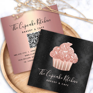 Cartão De Visita Quadrado Código QR de Cupcake com Brilho em Rose Gold em Pa