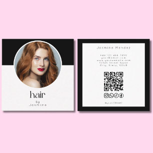 Cartão De Visita Quadrado Código QR de Estilista de Cabelo Foto Preto Branco