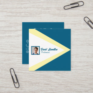 Cartão De Visita Quadrado Código QR de foto Azul Cobalto Amarelo Branco Geom
