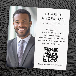 Cartão De Visita Quadrado Código QR de foto branca elegante mínimo moderno