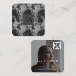 Cartão De Visita Quadrado Código QR de Foto Floral Branco e Preto Profission