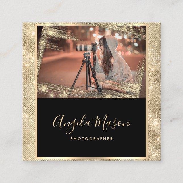 Cartão De Visita Quadrado Código QR de Fotografia Fotógrafo Dourado Único Pr (Frente)