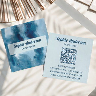 Cartão De Visita Quadrado Código QR de Geodo em Aquarela Azul Profissional