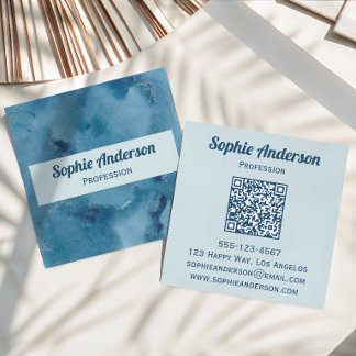 Cartão De Visita Quadrado Código QR de Geodo em Aquarela Azul Profissional