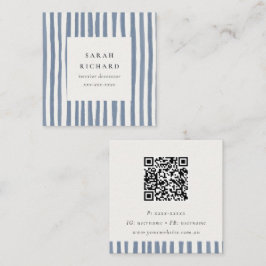 Cartão De Visita Quadrado Código QR de Listras Desenhadas à Mão em Azul Boho