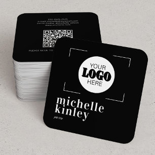 Cartão De Visita Quadrado Código QR de logotipo personalizado moderno preto