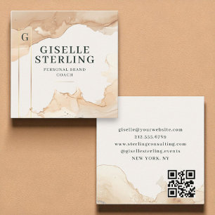 Cartão De Visita Quadrado Código QR de luxo Beige Watercolor Folha de Ouro
