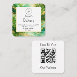Cartão De Visita Quadrado Código QR de Luxo Padaria Verde Dourado Aquarela