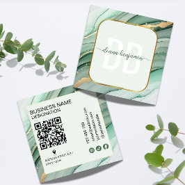 Cartão De Visita Quadrado Código Qr de monograma dourado em verde sálvia mod