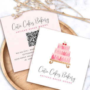 Cartão De Visita Quadrado Código QR de Padaria Rosa Bege Bolo Massa Chef Min