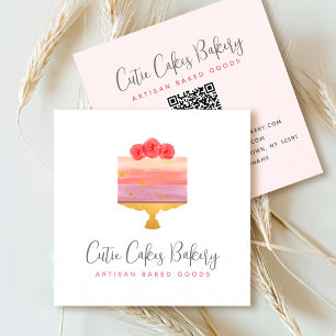Cartão De Visita Quadrado Código QR de Padaria Rosa Rouxo Bolo Massa Chef Mo