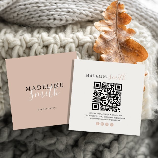 Cartão De Visita Quadrado código QR de script bege Boho quadrado (Criador carregado)