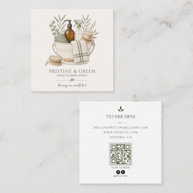 Cartão De Visita Quadrado Código QR de Serviço de Limpeza de Casa (Frente/Verso)
