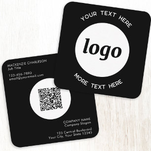 Cartão De Visita Quadrado Código QR de texto e logotipo simples preto
