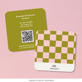 Cartão De Visita Quadrado Código QR de Verificação Verde Rosa Moderno