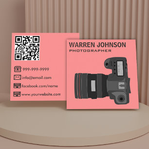 Cartão De Visita Quadrado Código QR do Fotógrafo Moderno Cor-de-Rosa Coral