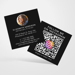 Cartão De Visita Quadrado Código QR do Instagram de Foto Moderna Preta