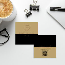 Cartão De Visita Quadrado Código QR do logotipo Dourado preto minimalista