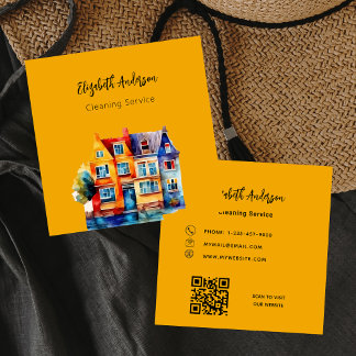 Cartão De Visita Quadrado Código QR do serviço de limpeza de casas laranja