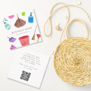 Cartão De Visita Quadrado Código QR dos suprimentos de limpeza de casas de a