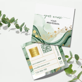 Cartão De Visita Quadrado Código Qr Dourado Verde Salgueiro Aquarela