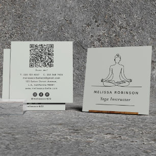 Cartão De Visita Quadrado Código QR e Mídia Social do Instrutor de Yoga Verd