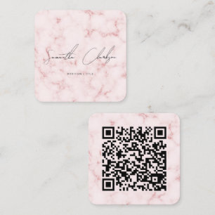 Cartão De Visita Quadrado Código QR Elegante Mármore Rosa Escrito à Mão Scri
