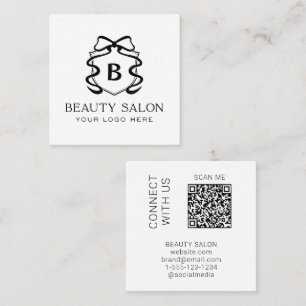 Cartão De Visita Quadrado Código QR Escaneável Moderno Salão Preto e Branco