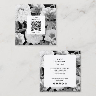 Cartão De Visita Quadrado Código QR Floral Aquarela Peônias Preto e Branco