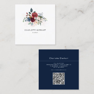 Cartão De Visita Quadrado Código QR Floral Borgonha Botânico Florista