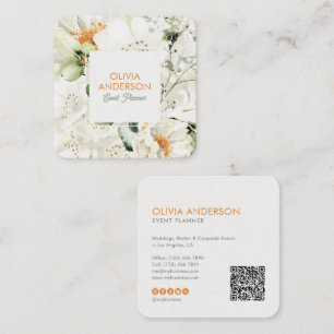 Cartão De Visita Quadrado Código QR Floral de Aquarela Botânica Elegante