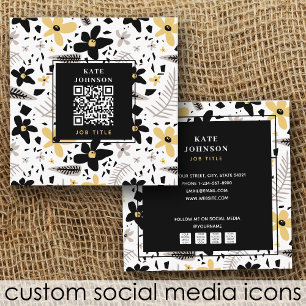 Cartão De Visita Quadrado Código QR Floral de Cinza Amarelo Abstrato Preto M