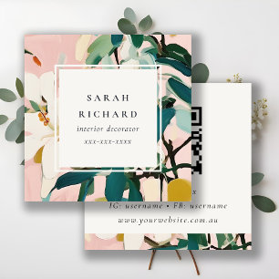 Cartão De Visita Quadrado Código QR Floral Pintado com Coloração Cor-de-Rosa