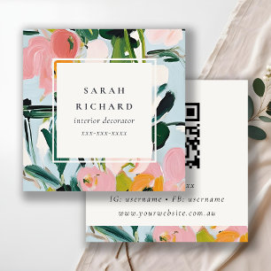 Cartão De Visita Quadrado Código QR Floral Pintado Cor-de-Rosa Cor-de-Boho