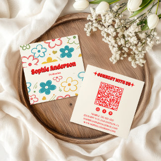 Cartão De Visita Quadrado Código QR Floral Retro em Negrito com Tipografia V