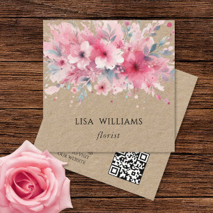Cartão De Visita Quadrado Código QR Flores Rosa Aguarela Kraft