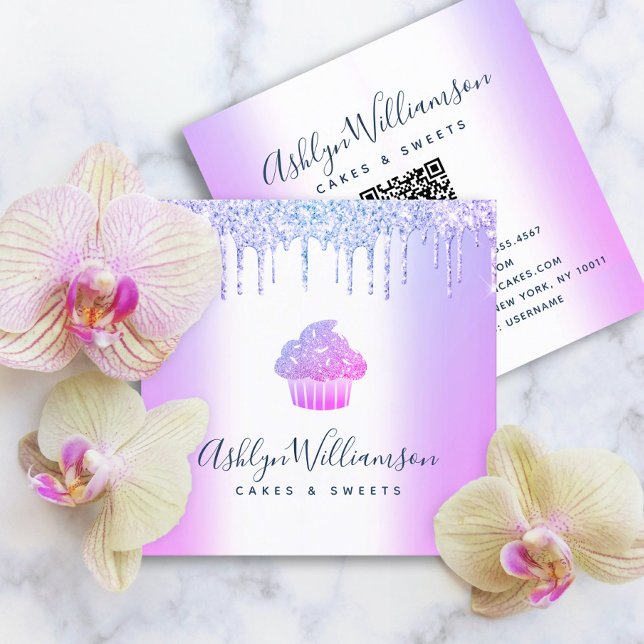 Cartão De Visita Quadrado Código QR Glitter Cupcake Roxo Colheita (Criador carregado)