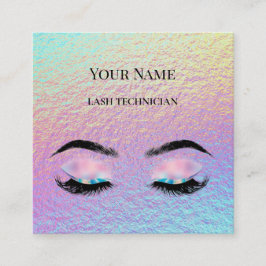 Cartão De Visita Quadrado Código QR holográfico Técnica de Cílios Bege e Dou