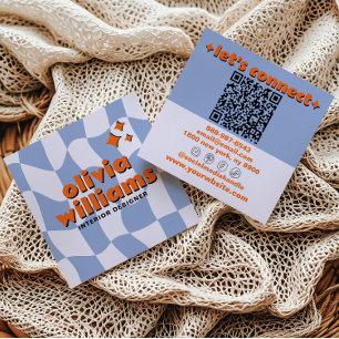 Cartão De Visita Quadrado Código QR Laranja Azul Retro Groovy Xadrez Tendênc