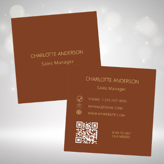 Cartão De Visita Quadrado Código QR minimalista elegante marrom-ferrugem